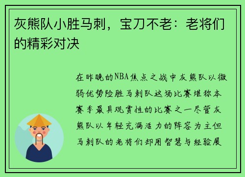 灰熊队小胜马刺，宝刀不老：老将们的精彩对决